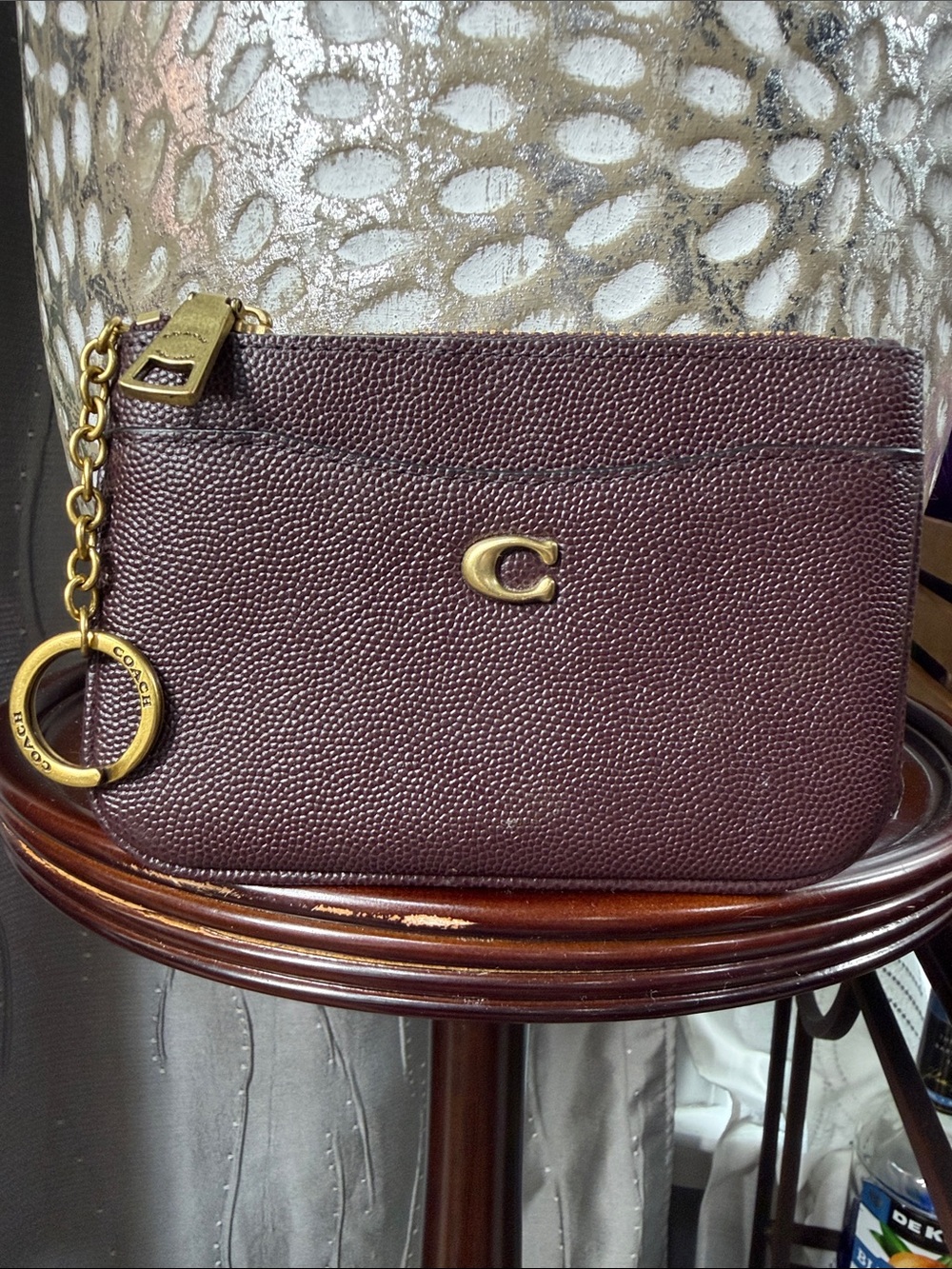 Coach Pebbled Leather Wristlet in Burgundy with Gold Hardware